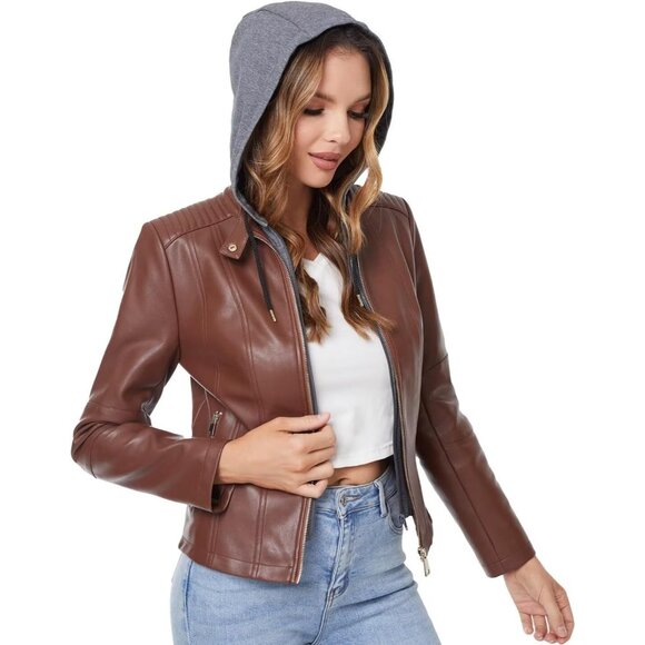 Women Brown  Faux Leather Jacket Hooded Moto Biker Outwear Coat - Picture 2 of 5
